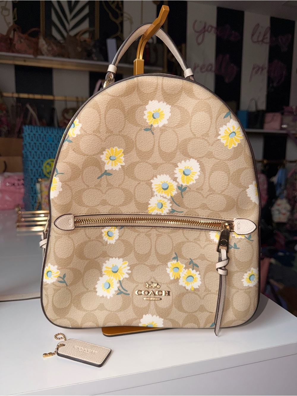 Coach Jordyn C2856 Daisy Floral Signature Backpack Khaki Chalk Multi